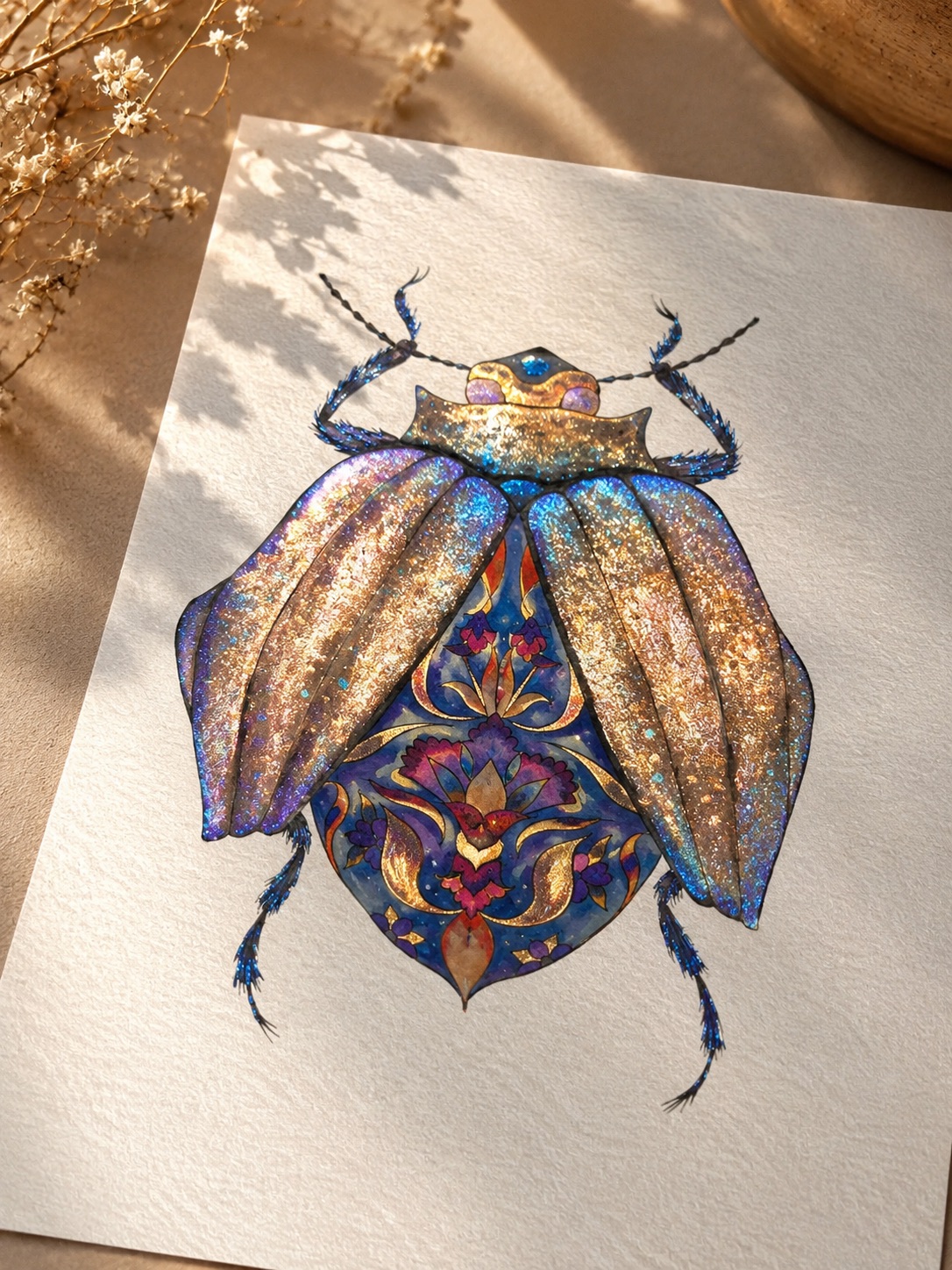 Finished jewelled metallic watercolor beetle with a shimmering metallic blue shell