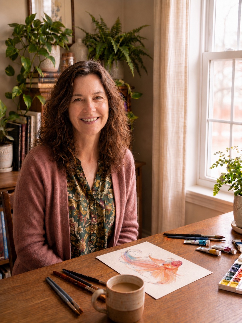 Maria, the instructor, at her desk with brushes and a goldfish painting