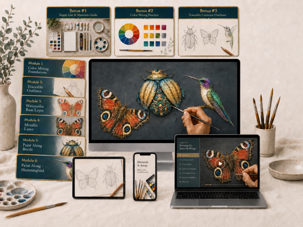 Everything in the course: the three finished creature paintings with the bonus guides