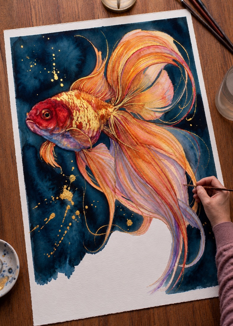Finished shimmering metallic watercolor goldfish with a flowing gold and orange tail