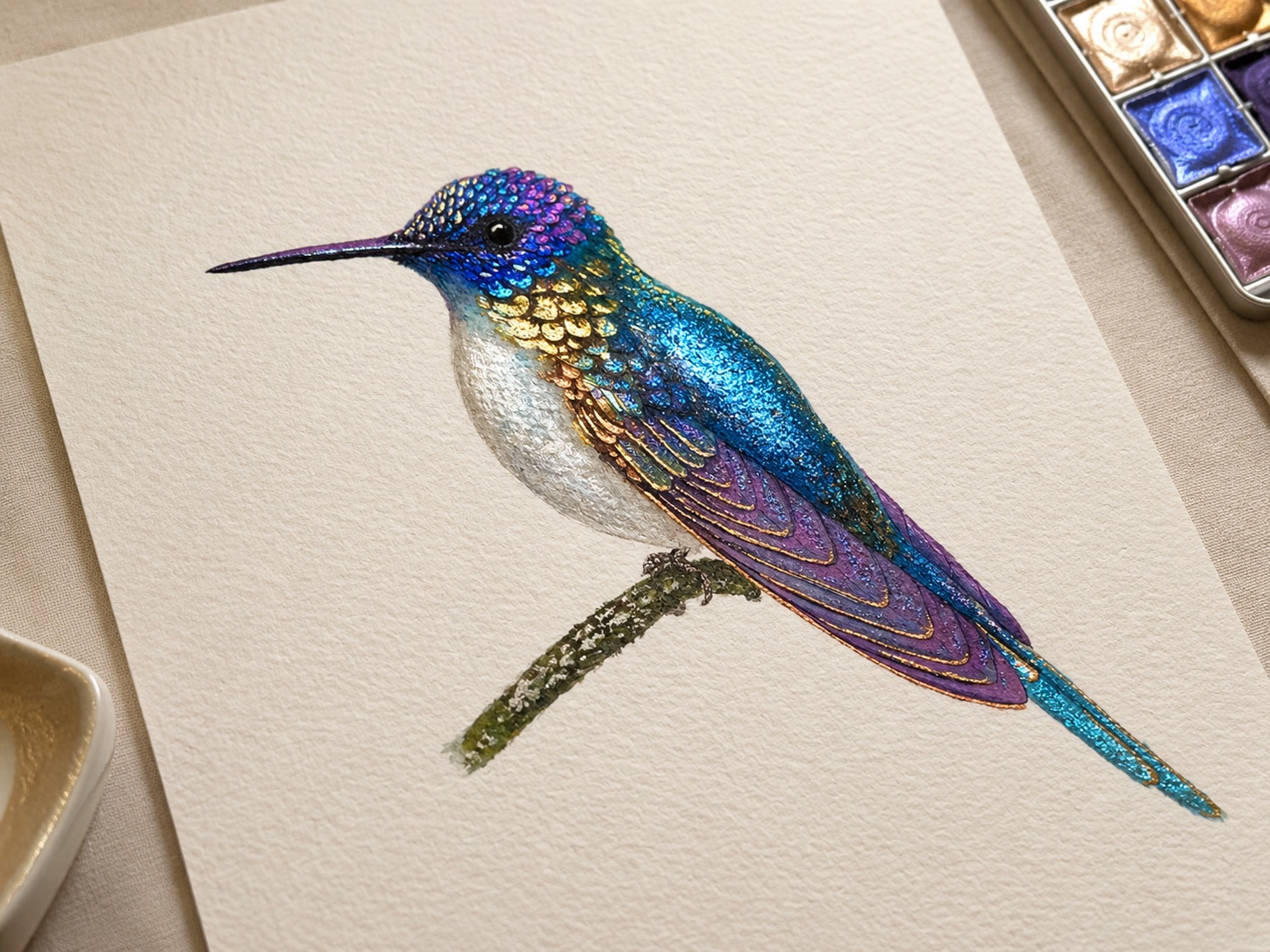 Finished metallic watercolor hummingbird with iridescent blue and purple feathers