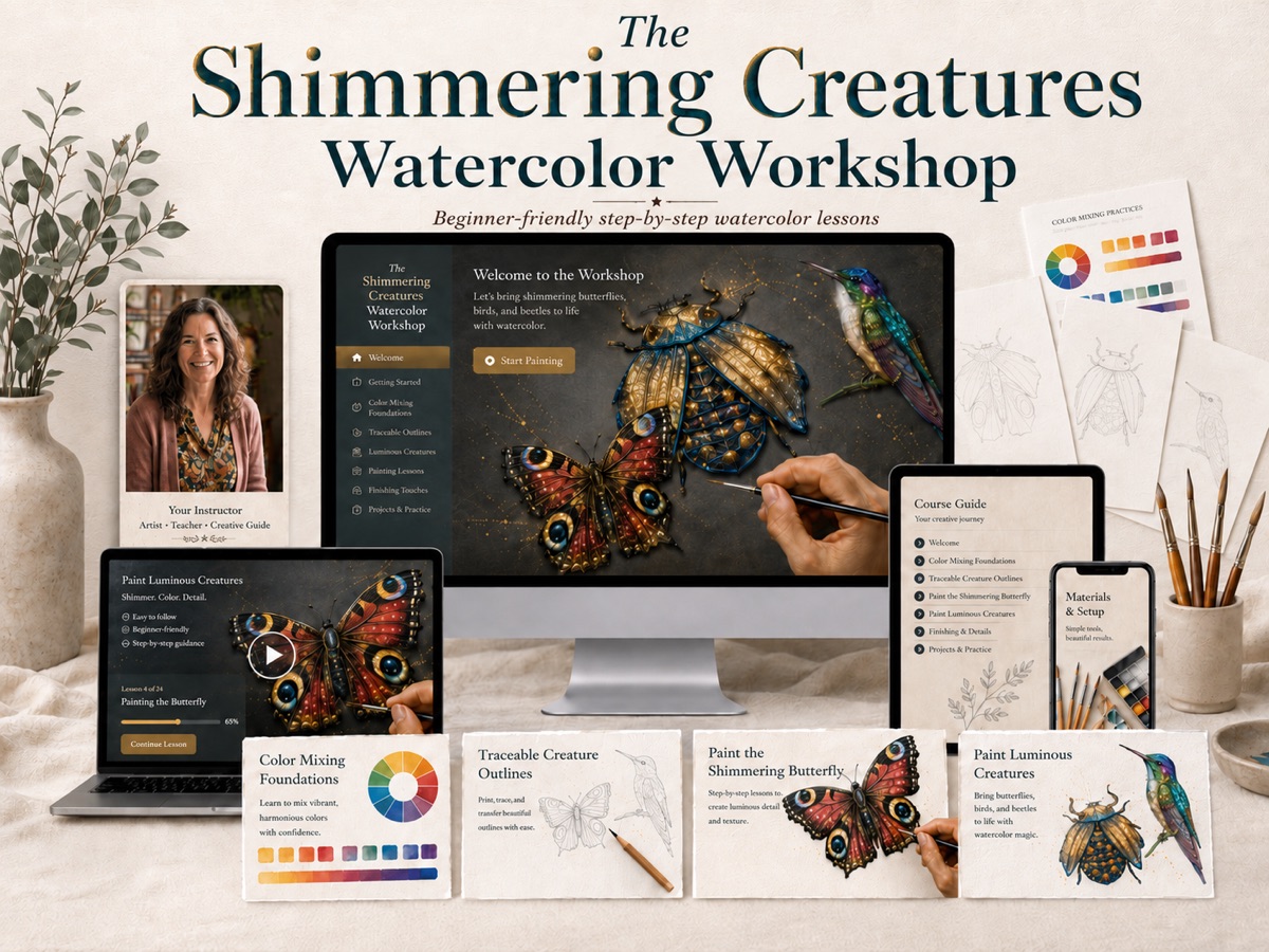 The Shimmering Creatures Watercolor Workshop, the three finished creature paintings shown across devices with the bonus guides