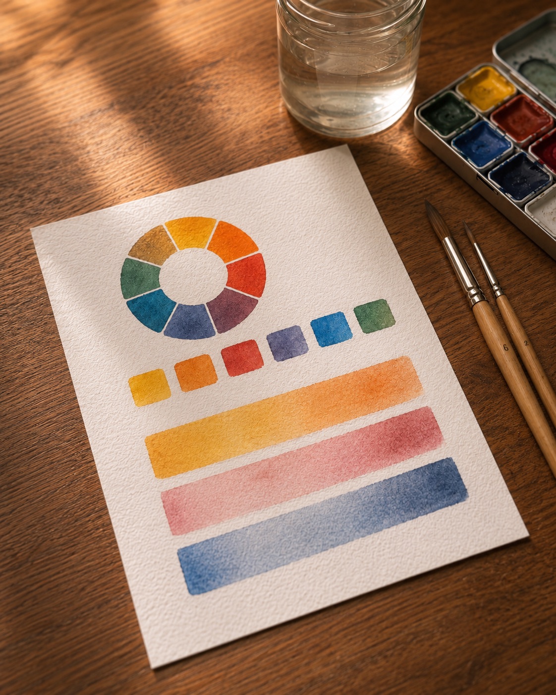 Practice sheet with a color wheel, mixing swatches, and clean watercolor washes beside paints and brushes