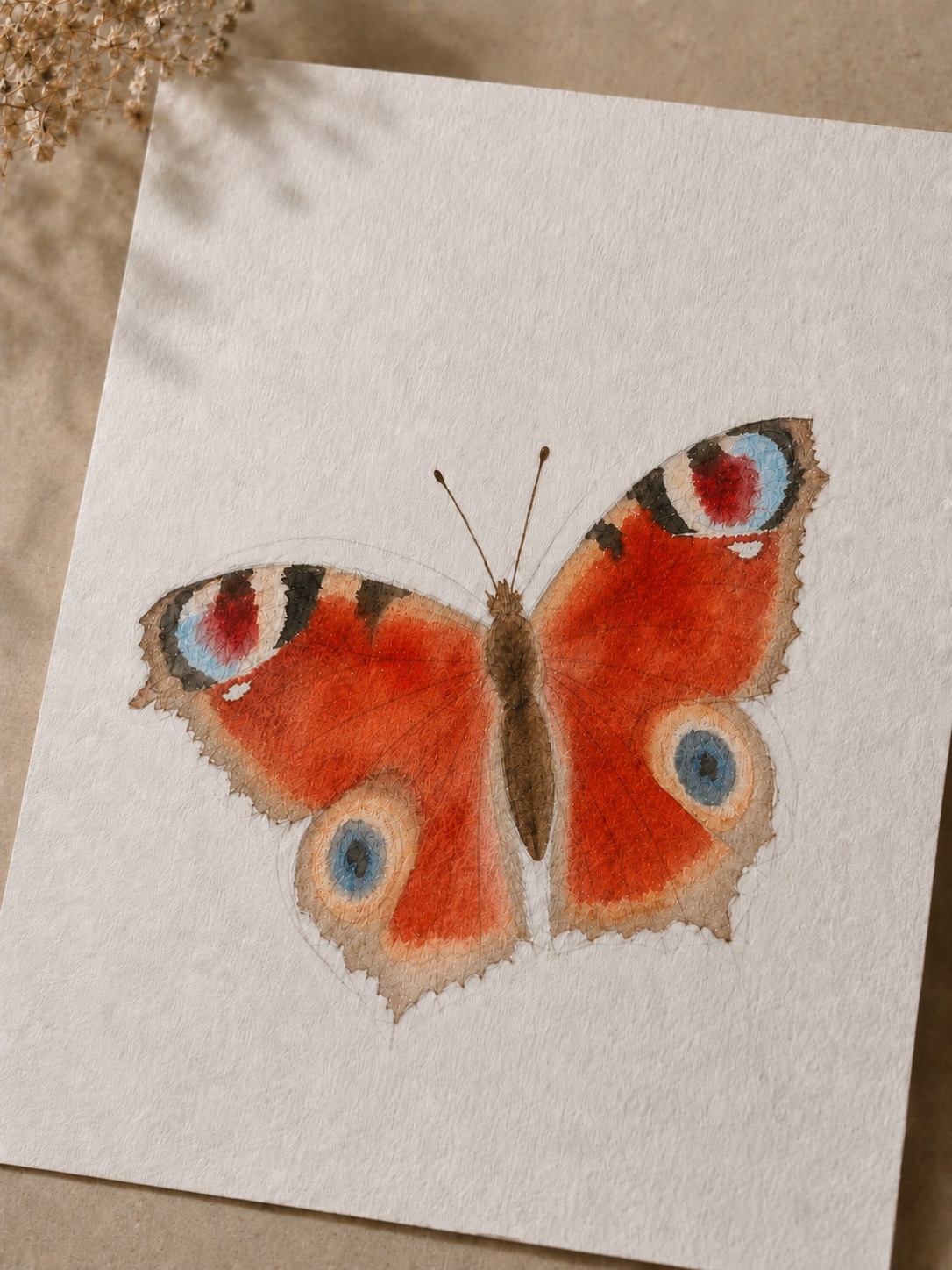 Peacock butterfly at the base stage, soft red washes and roughly blocked eyespots before detail