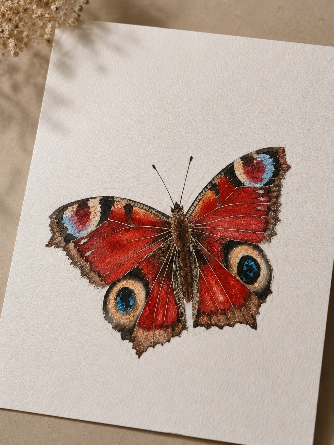 Peacock butterfly with detailed pattern, refined eyespots and fine wing veining