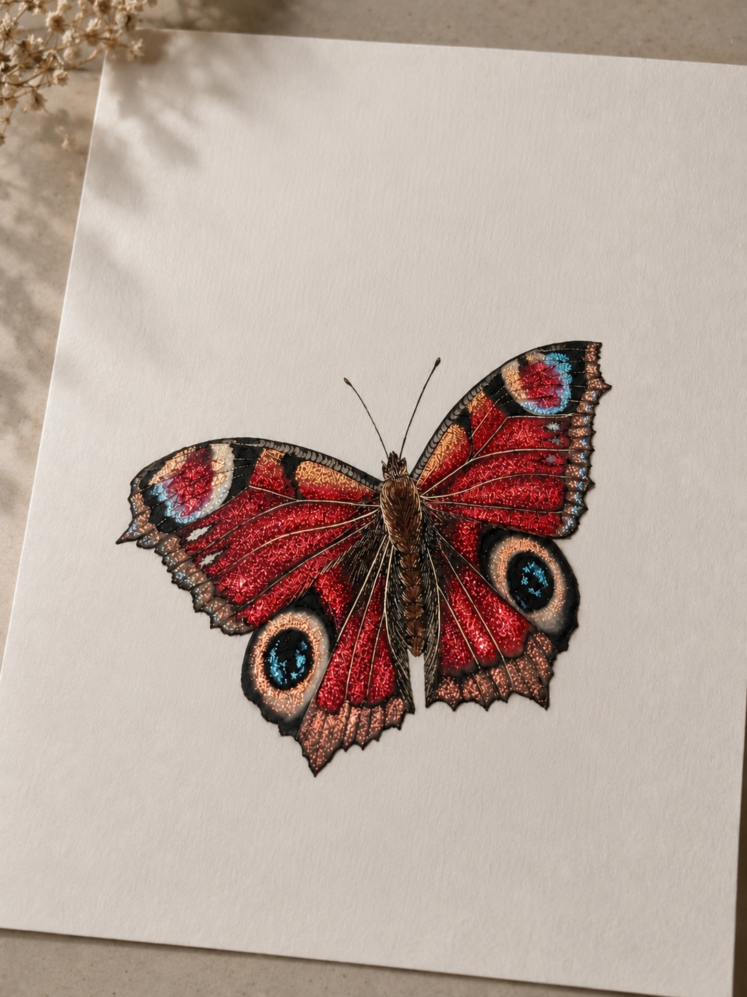 Finished peacock butterfly with metallic shimmer added, sparkling in the light