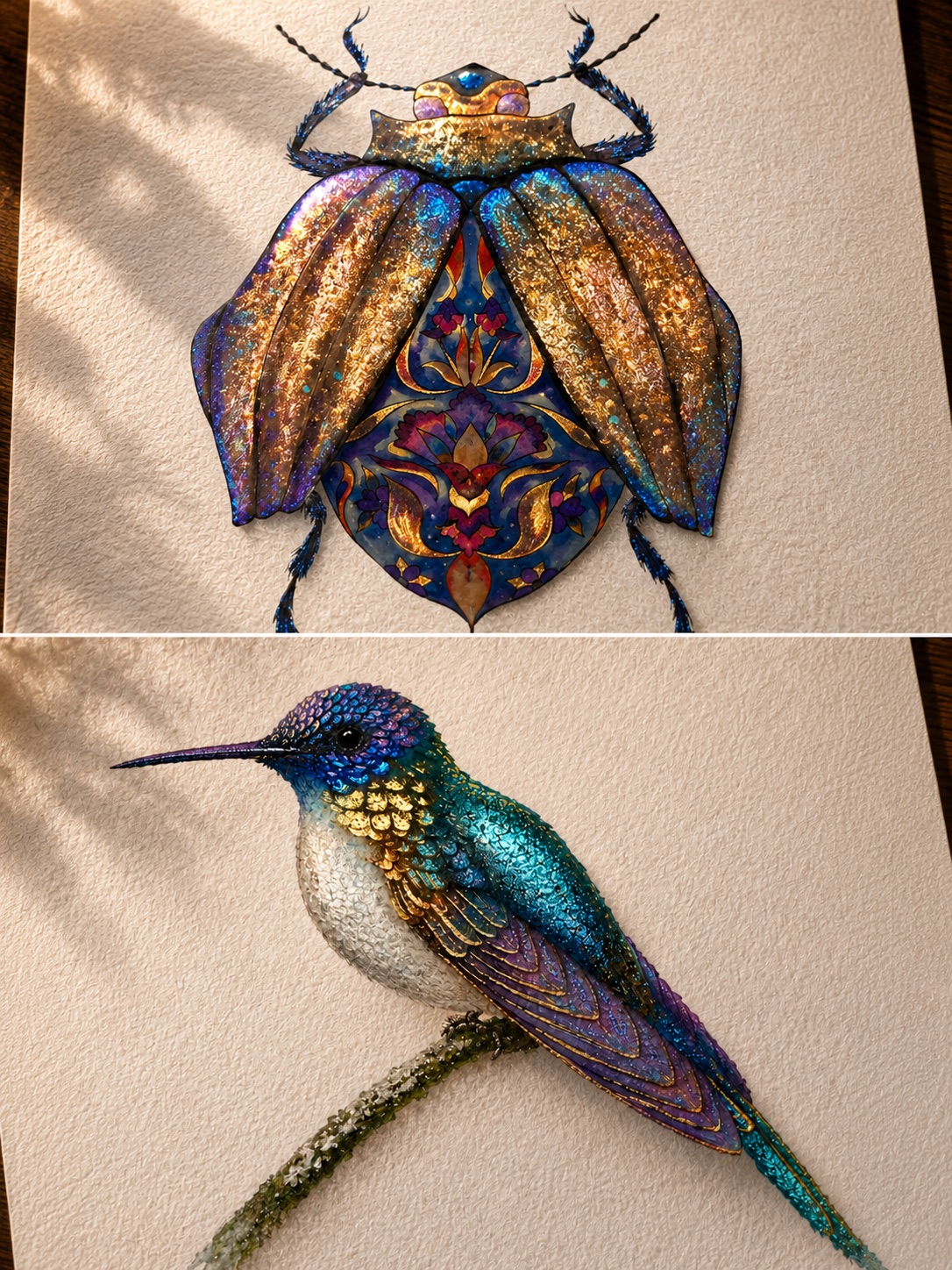 The finished metallic beetle and the iridescent hummingbird paintings together