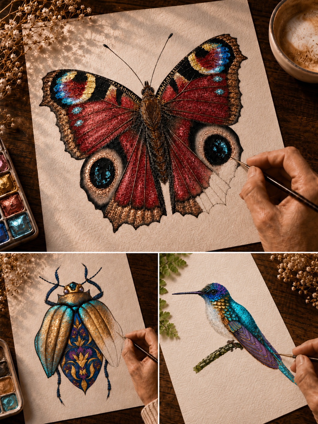The three finished shimmering metallic creature paintings, butterfly, beetle, and hummingbird, catching the light